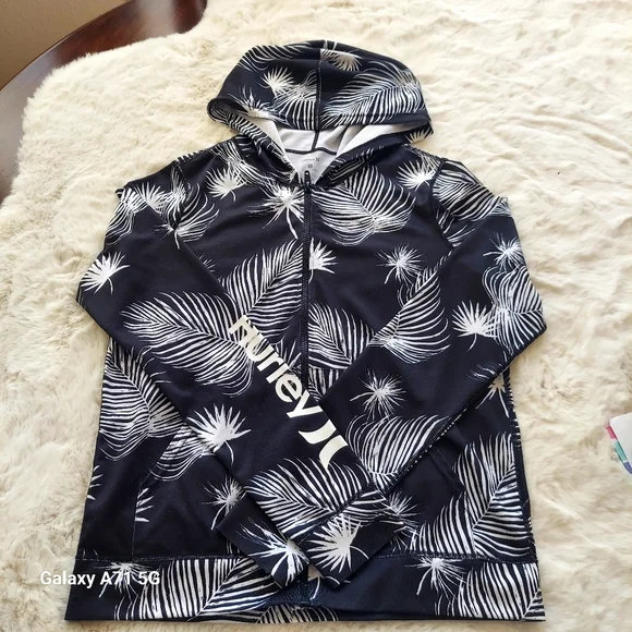Hurley Womens Full Zip Long Sleeve Hooded Black White Floral Rashguard Sz S - Picture 14 of 16